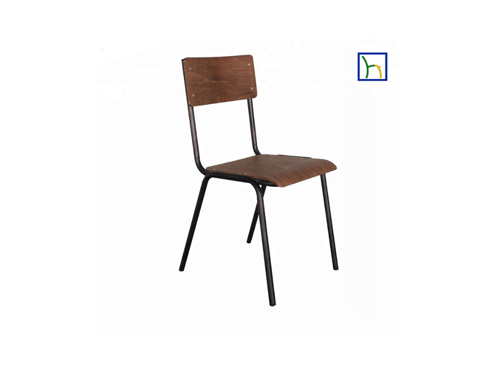 This authentic stacking school chair is a hot-selling product with black paint to the metal frame and plywood for the seat and back.